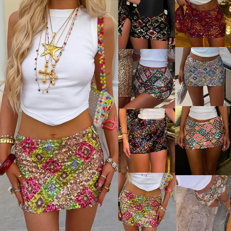 Geometric Stitching Sequins Glitter Short Skirt Hip Skirt - kinko