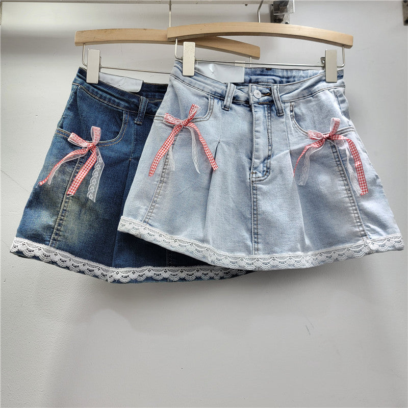Lace Lace Band Bow High Waist Slimming A- Line Skirt - kinko