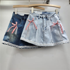 Lace Lace Band Bow High Waist Slimming A- Line Skirt - kinko