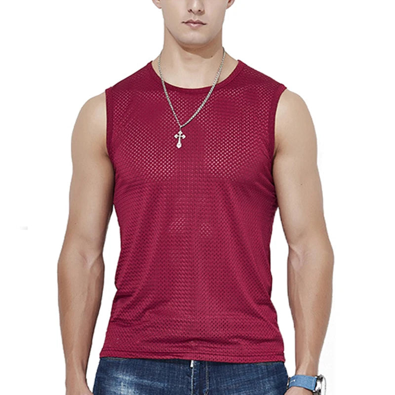 Men's Ice Silk Mesh Vest Tops Quick-drying Bodybuilding Tank Tops Breathable Sleeveless T-Shirt Summer Cool Vest Muscle Singlets