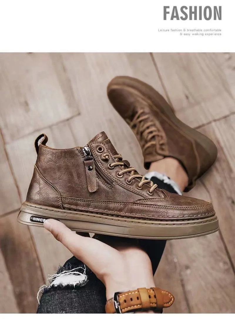 Men's Shoes Fashion High Top Sneakers PU Leather Casual Shoes for Men Platform Boots Retro Zipper Ankle Boots Zapatillas Hombre