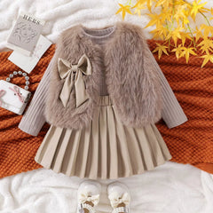 Children's Clothing Sets Furry Vest + Long Sleeve T-shirt + Leather Skirt 3pcs Sets Baby Girl Outfit Set Toddler Girl Clothes