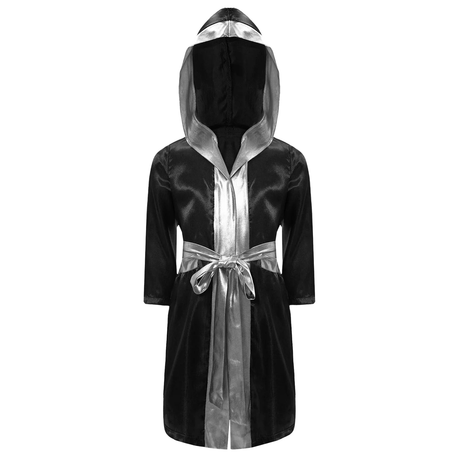 Kids Boys Boxing Training Outfit Long Sleeve Open Front Metallic Satin Robe Hooded Cloak with Athletic Shorts And Boxer Gloves