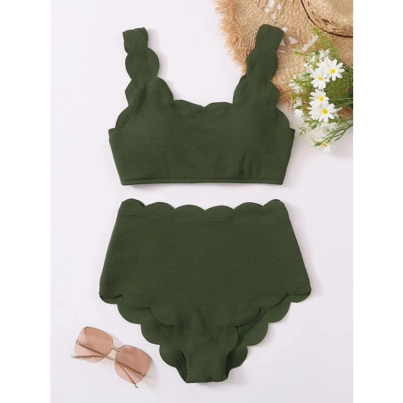 Simple Solid High Waist Bikini Women Swimsuit Fashion Floral Edge Split Bathing Suit 2025 New Casual Lady Two Pieces Beachwear