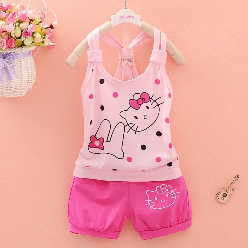 Baby Girls Summer Clothes Sets Infant Children Cartoon Hello Kitty Cotton Sleeveless T-Shirt Vest+Shorts Suits Toddler Clothing