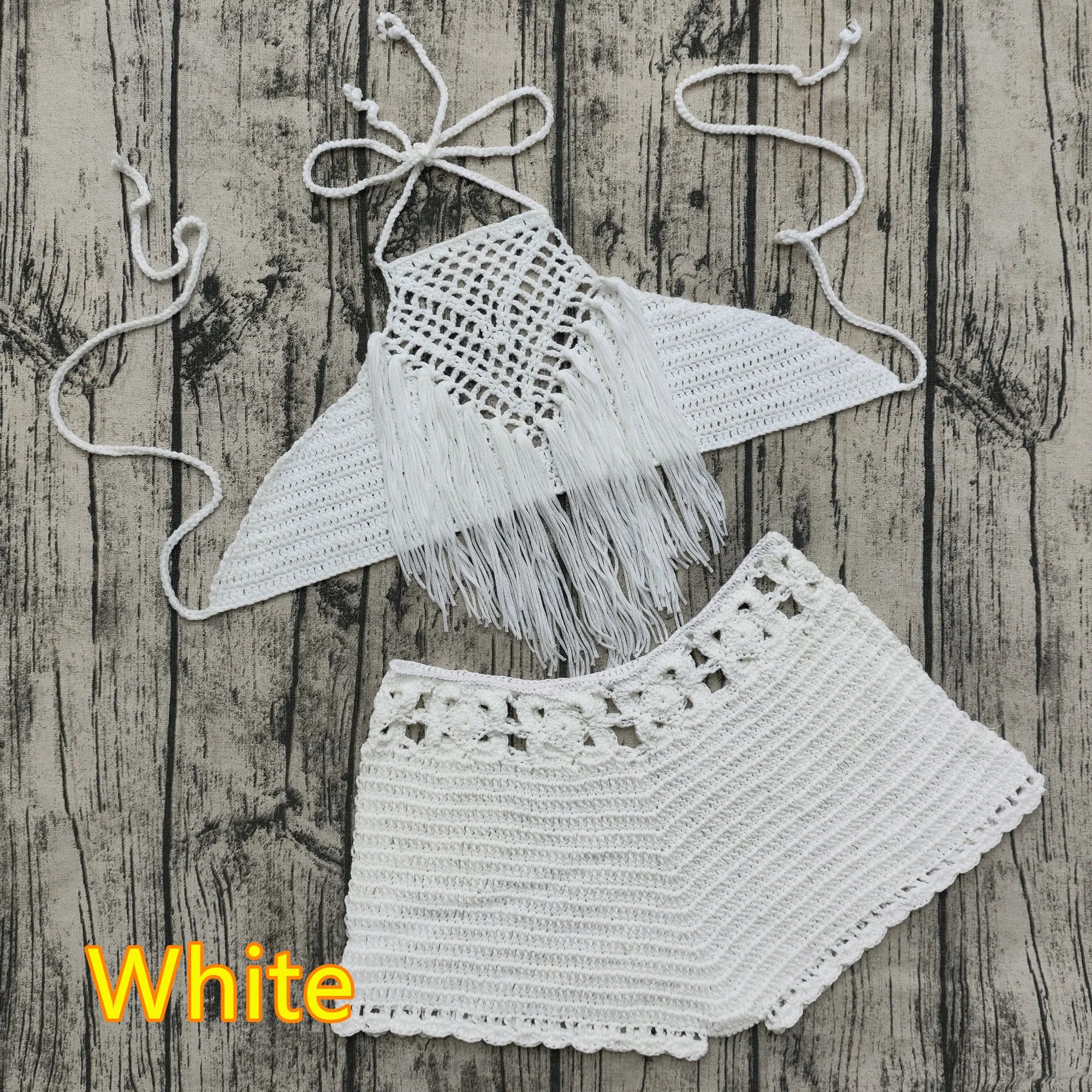 Hand Crochet Beach Bikini Set Women Short Swimwear Sexy Tassel
