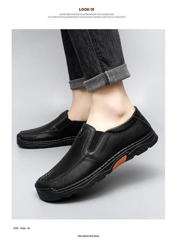 Leather Casual Sneakers for Men Handmade Shoes New Fashion Waterproof Fashion Trendy Male Driving Shoes Versatile Hiking Shoes