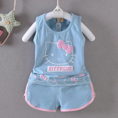 Baby Girls Summer Clothes Sets Infant Children Cartoon Hello Kitty Cotton Sleeveless T-Shirt Vest+Shorts Suits Toddler Clothing