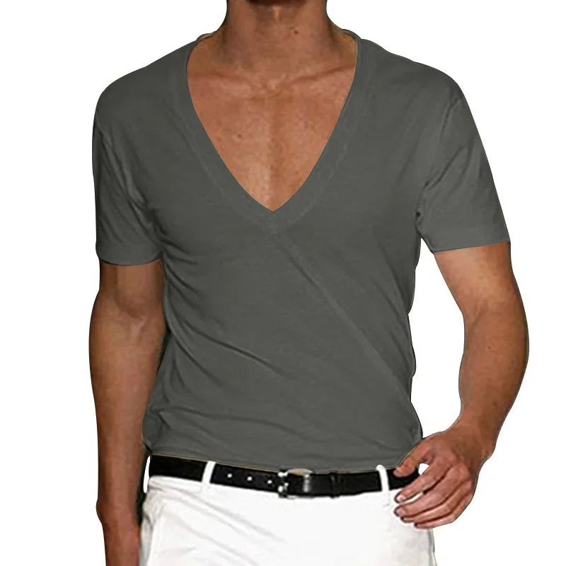 European and American Mens V Neck Sports T-Shirt Summer Cultivate One's Self Casual Solid Color Street Short Sleeve T-Shirt Top