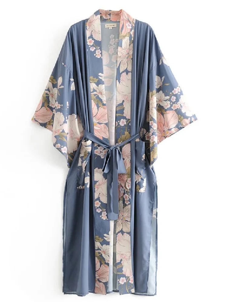 Bohemian Printed Bikini Cover-ups Green Tunic Long Kimono Cardigan Plus Size 2023 Women Beach Wear Swim Suit Cover Up A155