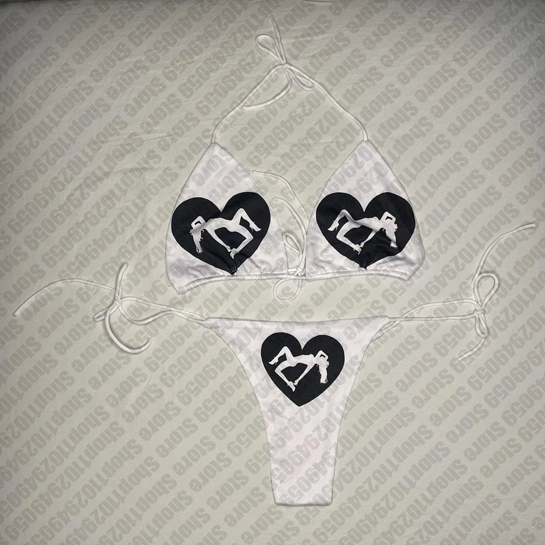 Y2k Style Letter Print Bikini Set Sexy Thong Swimsuit Two Pieces Bathing Suit Punk Gothic Fashion Women Swimwear 2000s Emo Girls