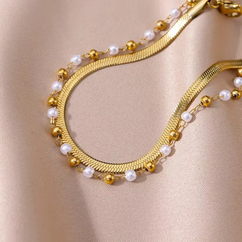 Boho Anklets for Women Summer Beach Accessories Stainless Steel Imitation Pearl Chain Anklet Gold Color Leg Bracelets Bodychain