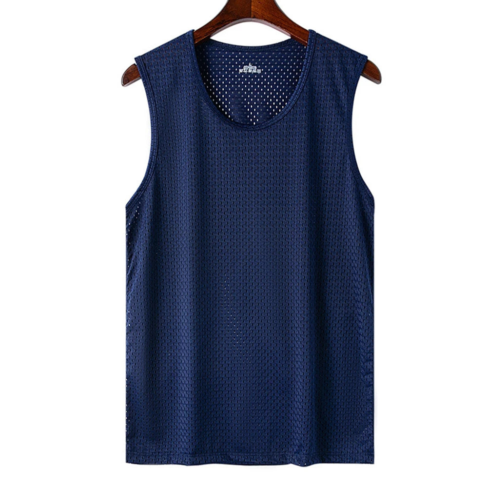 Men Ice Silk Mesh Summer Thin Sleeveless Shirt Round Neck Breathable Sports Fitness T-Shirt Bottom Korean Mena Tank T-shirts