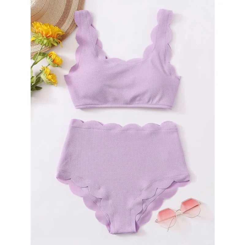 Simple Solid High Waist Bikini Women Swimsuit Fashion Floral Edge Split Bathing Suit 2025 New Casual Lady Two Pieces Beachwear