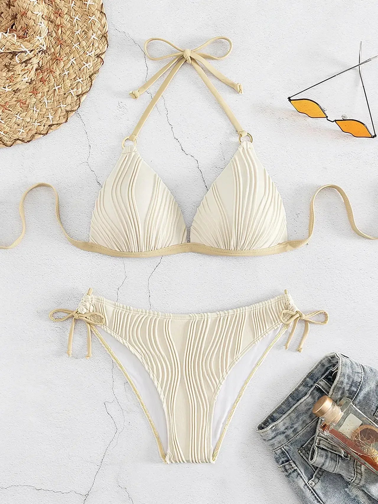 Sexy Bikini 2025 Women White Black Lace Up Backless Padded Micro Swimsuit Push Up Beach Bathing Suit Tie Side Thong Swimwear