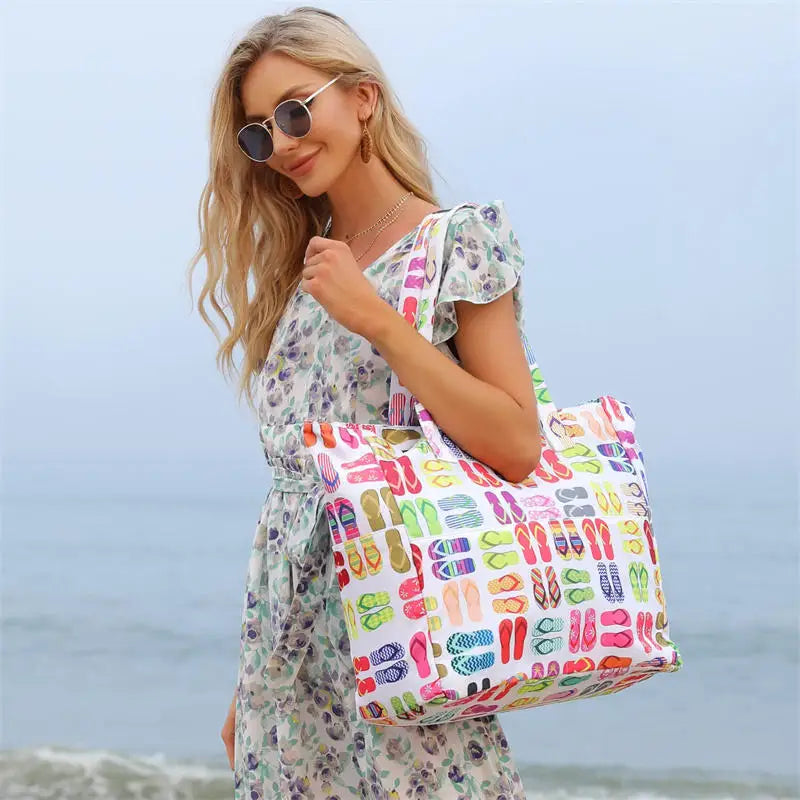 Beach Tote Bag Women Foldable Travel Bag with Anti-Sand Pocket Lightweight Storage Bag for Gym/Shopping Packable in Carry-On