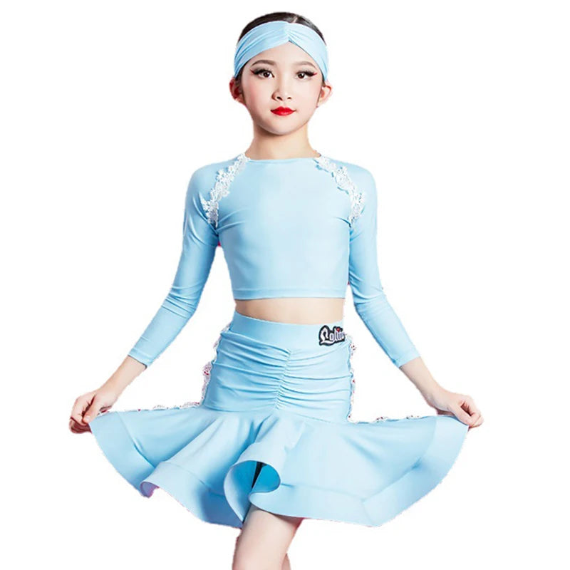 Kid Girls Latin Dance Clothing Outfit Sky Blue Long Sleeve Top Pants Set Cha Cha Samba Dance Training Performance Clothes