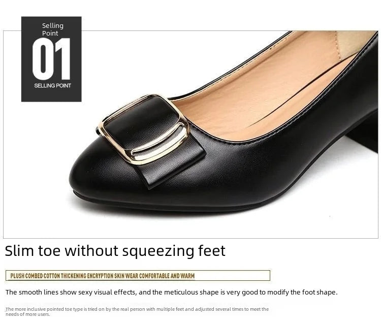 Soft Leather Office Work Shoes Women's Four-season Versatile Medium Heel Shoes Thick Heel Shallow Professional Leather Shoes