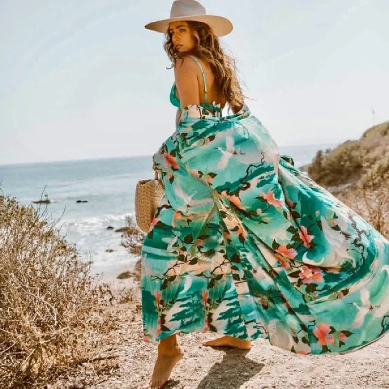 2025 Bikini Cover-ups Pink Boho Print Self Belted Front Open Long Kimono Dress Beach Tunic Women Swim Suit Cover Up Dress