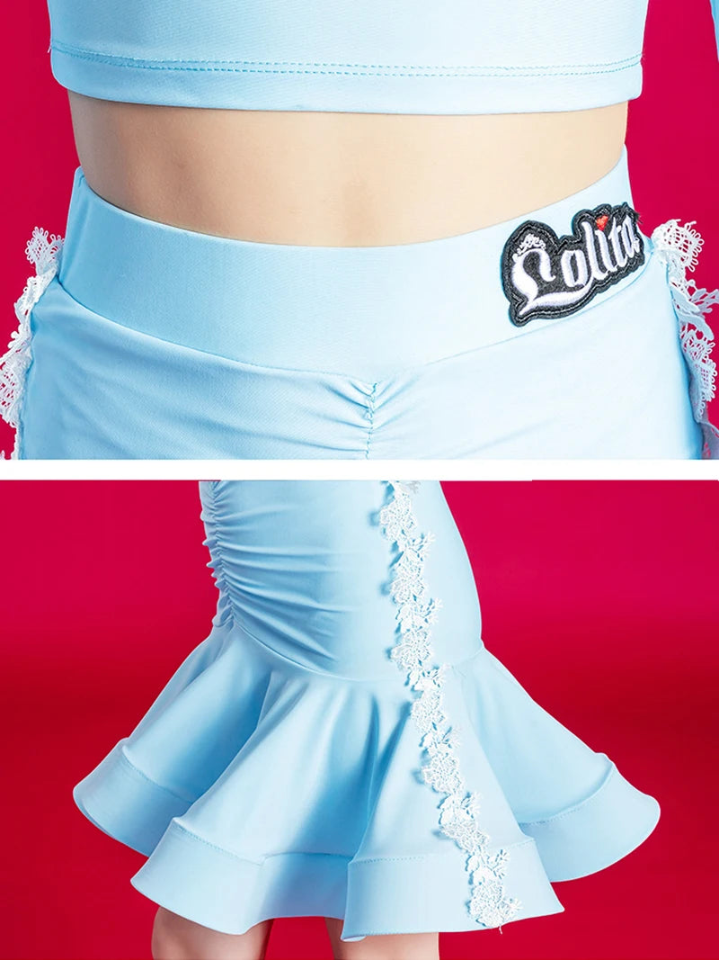 Kid Girls Latin Dance Clothing Outfit Sky Blue Long Sleeve Top Pants Set Cha Cha Samba Dance Training Performance Clothes
