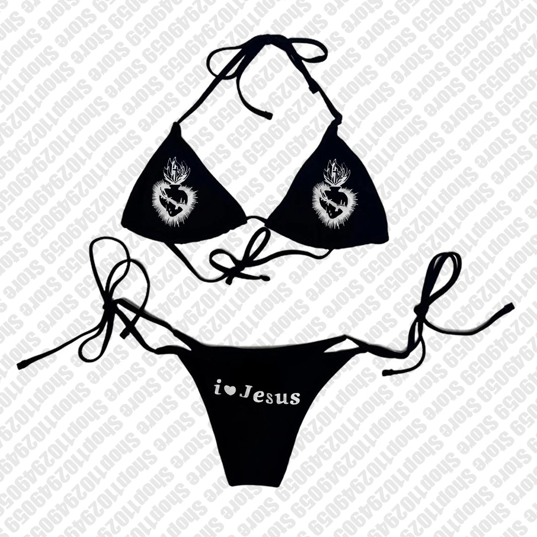 Y2k Style Letter Print Bikini Set Sexy Thong Swimsuit Two Pieces Bathing Suit Punk Gothic Fashion Women Swimwear 2000s Emo Girls
