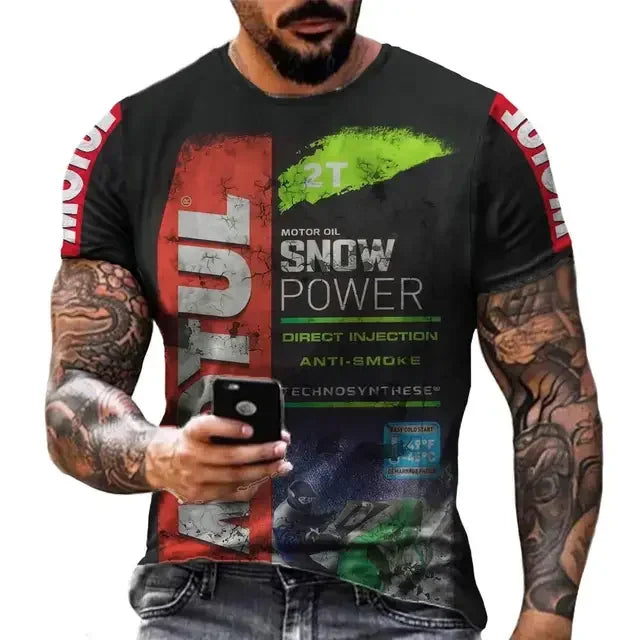Men's casual T-shirt, white-collar shorts, quick drying summer shirt, breathable, racing motorcycle, 3D printed short top, 2025