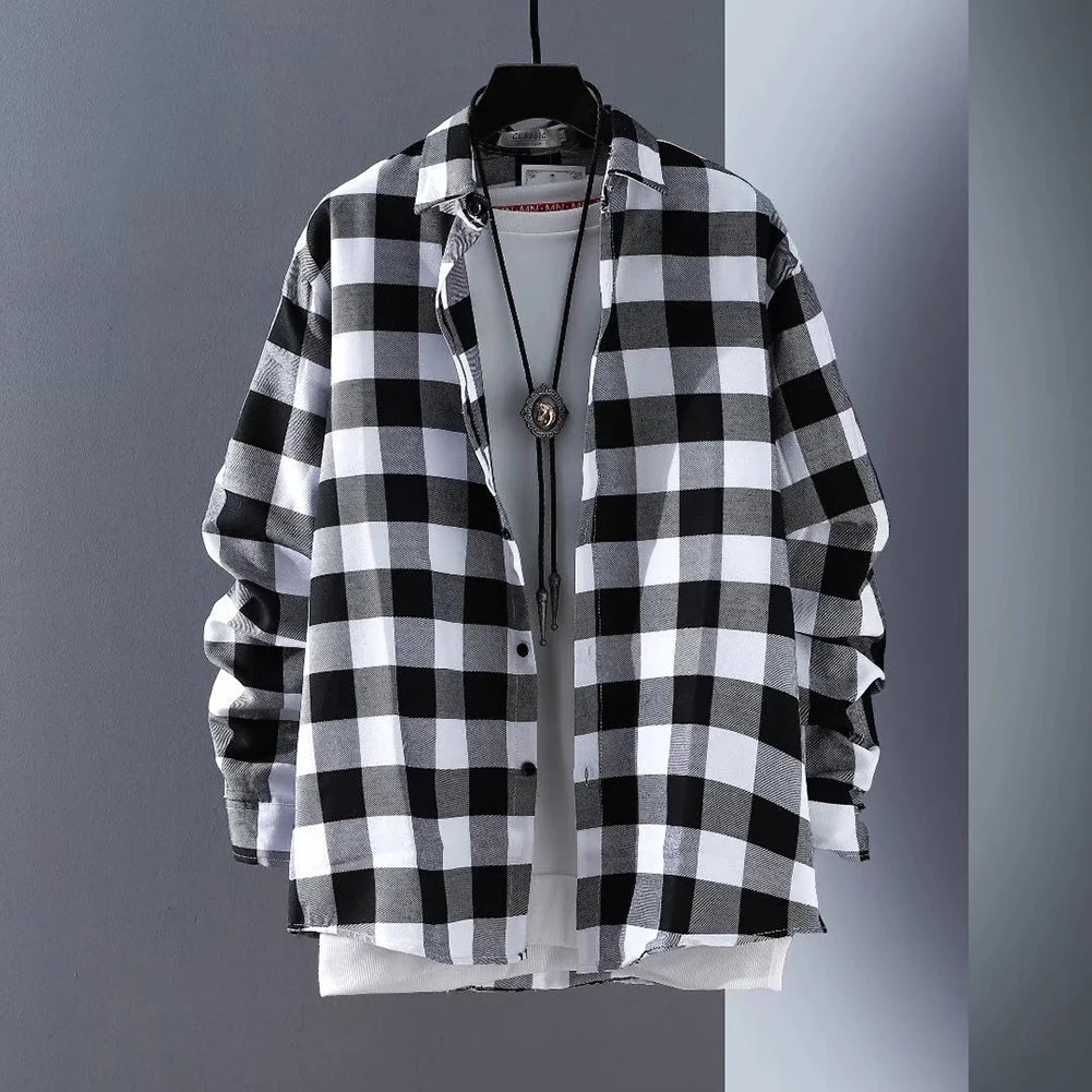 Men\\\'s Baggy Coat Lapel Tops  Casual Work Baggy Coat Lapel Tops  Long Sleeve Check Shirts  Button Down Plaid Shirts  Red Black