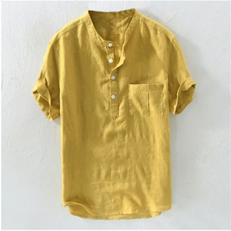 Spring and Summer Men's Cotton Linen Shirts Long Sleeve Casual Beach Henley T-Shirt Vacation Tops with Pocket Men Streetwear