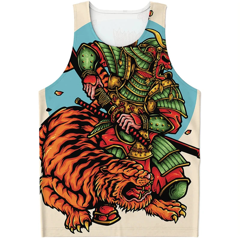 Fashion Japanese Samurai Graphic Mens Tank Tops Summer Trend Streetwear 3D Printed Sleeveless T Shirts Loose Harajuku Kids Vest