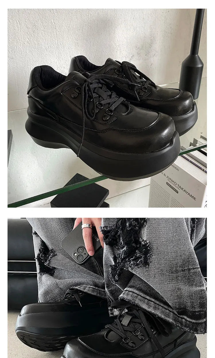 Thick soled 7CM raised leather shoes for men, black sports shoes for women, lightweight soft soled dad shoes for couples