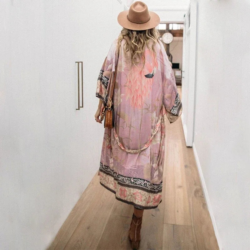 2025 Bikini Cover-ups Pink Boho Print Self Belted Front Open Long Kimono Dress Beach Tunic Women Swim Suit Cover Up Dress