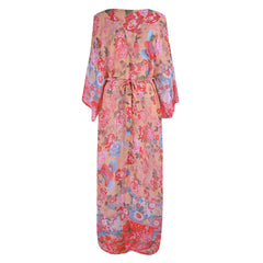 שמלה ארוכה עם שרוולים ארוכים וגבוהה בסגנון בוהמי בסגנון חוף לנשים, הדפס פרחוני, קרדיגן דק עם שרוולים ארוכים, שיפון רב-תכליתי לחג