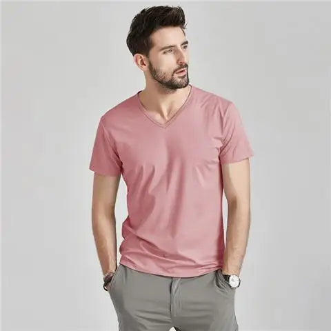 Summer Fashion Luxury Brand T-Shirts for Men with V-Neck Short Sleeves and Ice Silk Modal Fabric Gym Golf Clothing Men Tops