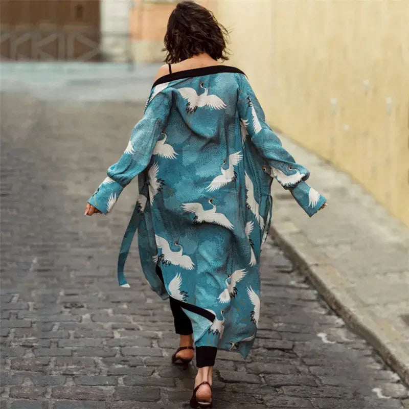 2025 Bikini Cover-ups Pink Boho Print Self Belted Front Open Long Kimono Dress Beach Tunic Women Swim Suit Cover Up Dress