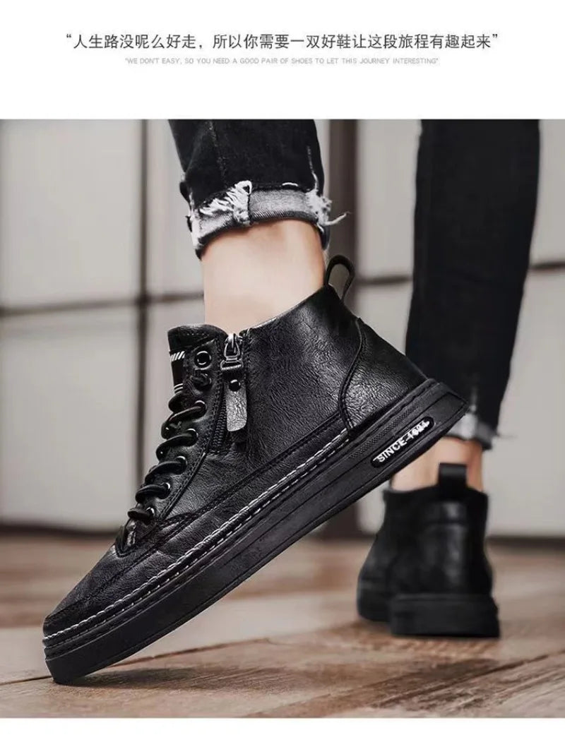 Men's Shoes Fashion High Top Sneakers PU Leather Casual Shoes for Men Platform Boots Retro Zipper Ankle Boots Zapatillas Hombre
