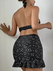 Sexy V Neck Bikini+Ruffle Skirt Cover-Up Beachwear High Waist Women's 3 Pieces Swimsuit Halter Bandage Tankini Backless Swimwear