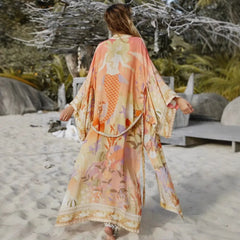Happie Queens Women Horse Floral Print Bat Sleeve Beach Bohemian Kimono Dresses Ladies V Neck Summer Boho Bikini Cover-ups
