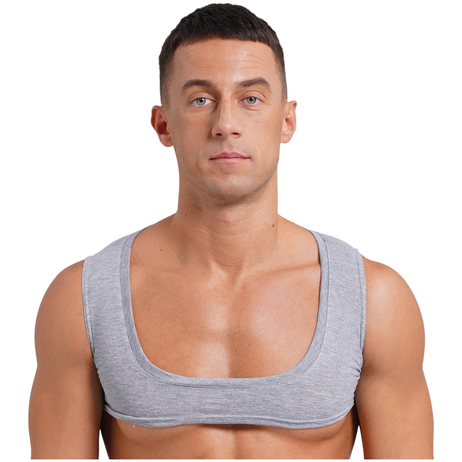 Mens Sexy Muscles Showing Off Crop Top Low Scoop Neck Sleeveless Solid Color Tank Top Vest for Bodybuilding Disco Nightclub
