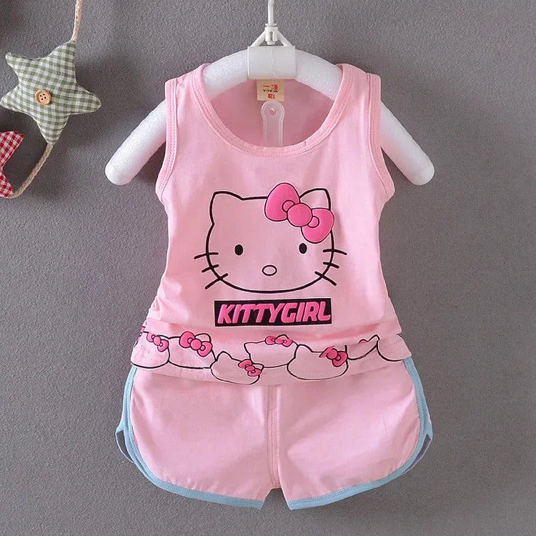 Baby Girls Summer Clothes Sets Infant Children Cartoon Hello Kitty Cotton Sleeveless T-Shirt Vest+Shorts Suits Toddler Clothing
