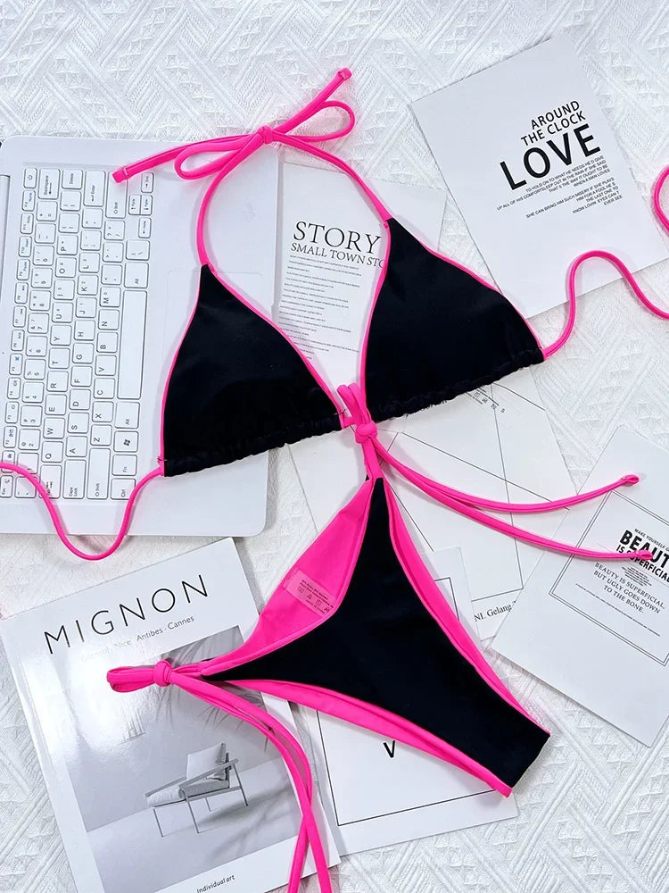 Zebra Print Halter micro Bikini 2025 women Bandeau String Swimsuit Female swimwear Neon Shiny bikini set Leopard Bathing Suit