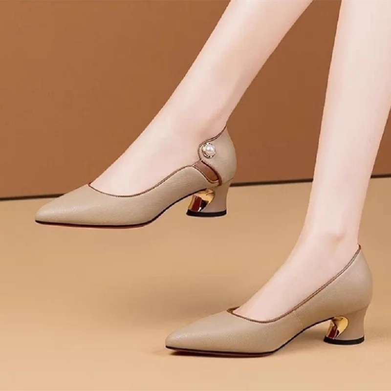 Cresfimix women fashion sweet pointed toe beige spring slip on square heel shoes lady classic office career work pumps ab509