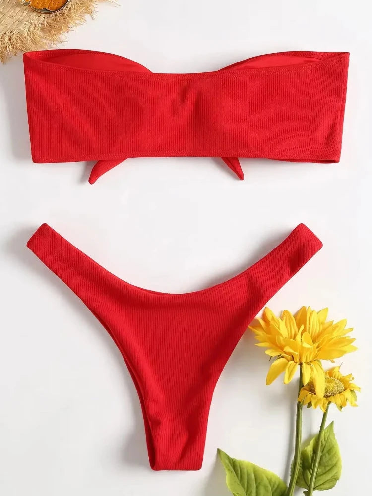Brazilian Women's Low Waisted Thong Bikini Bottoms Solid Swimwear Red White Black Summer Push Up Bathing Suit for Beach Poolside
