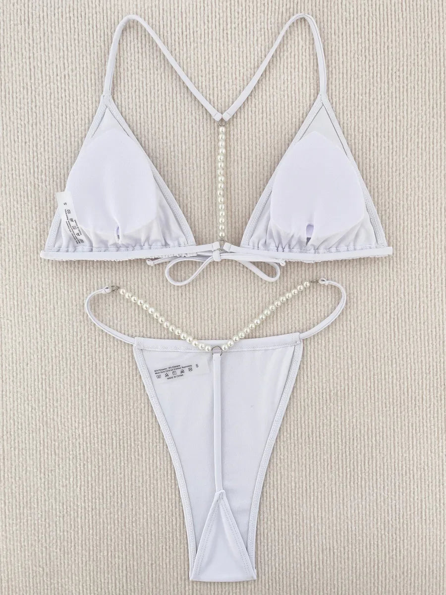 Sexy Pearl Bikinis Extreme Mini Micro String Bikini Female Swimsuit Women Thong Swimwear Two-pieces Bikini Set Bathing Suit Swim