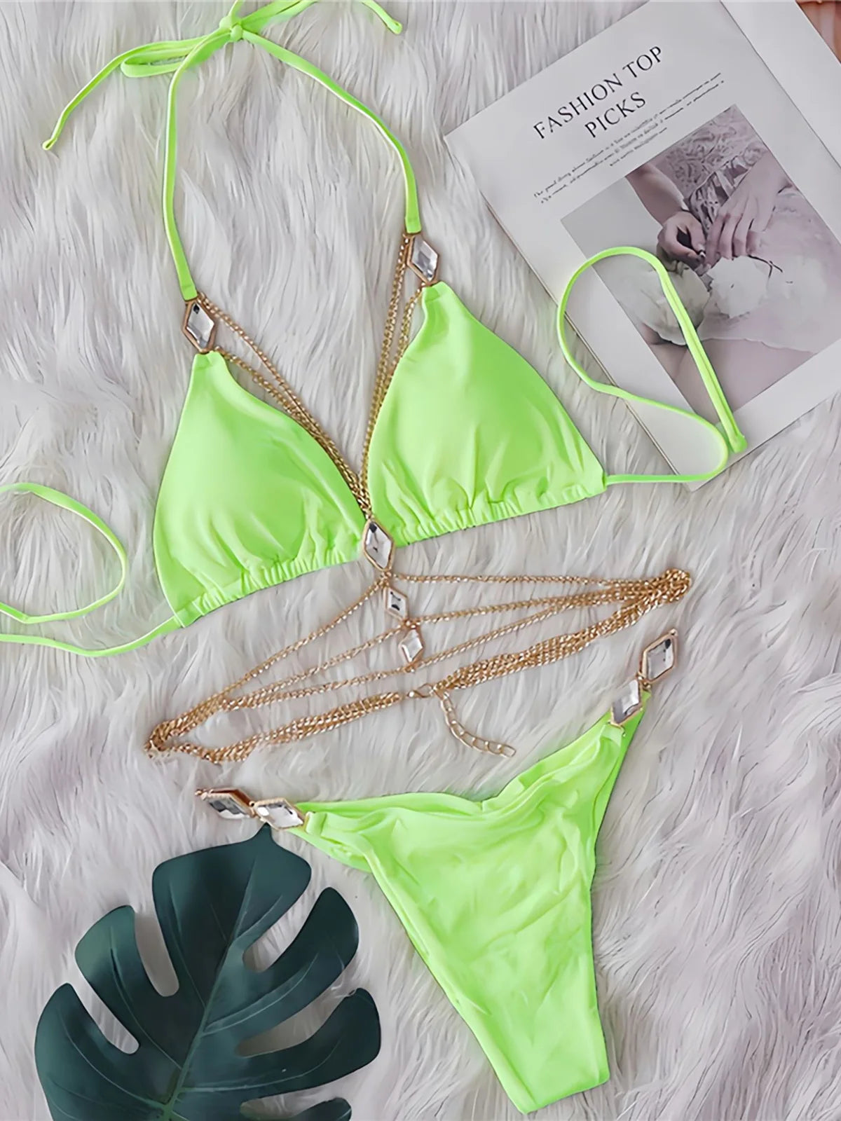 Diamond Rhinestones Halter Metal Ring Bikini Female Swimsuit Women Swimwear Two-pieces Bikini set Bather Bathing Suit Swim V5898