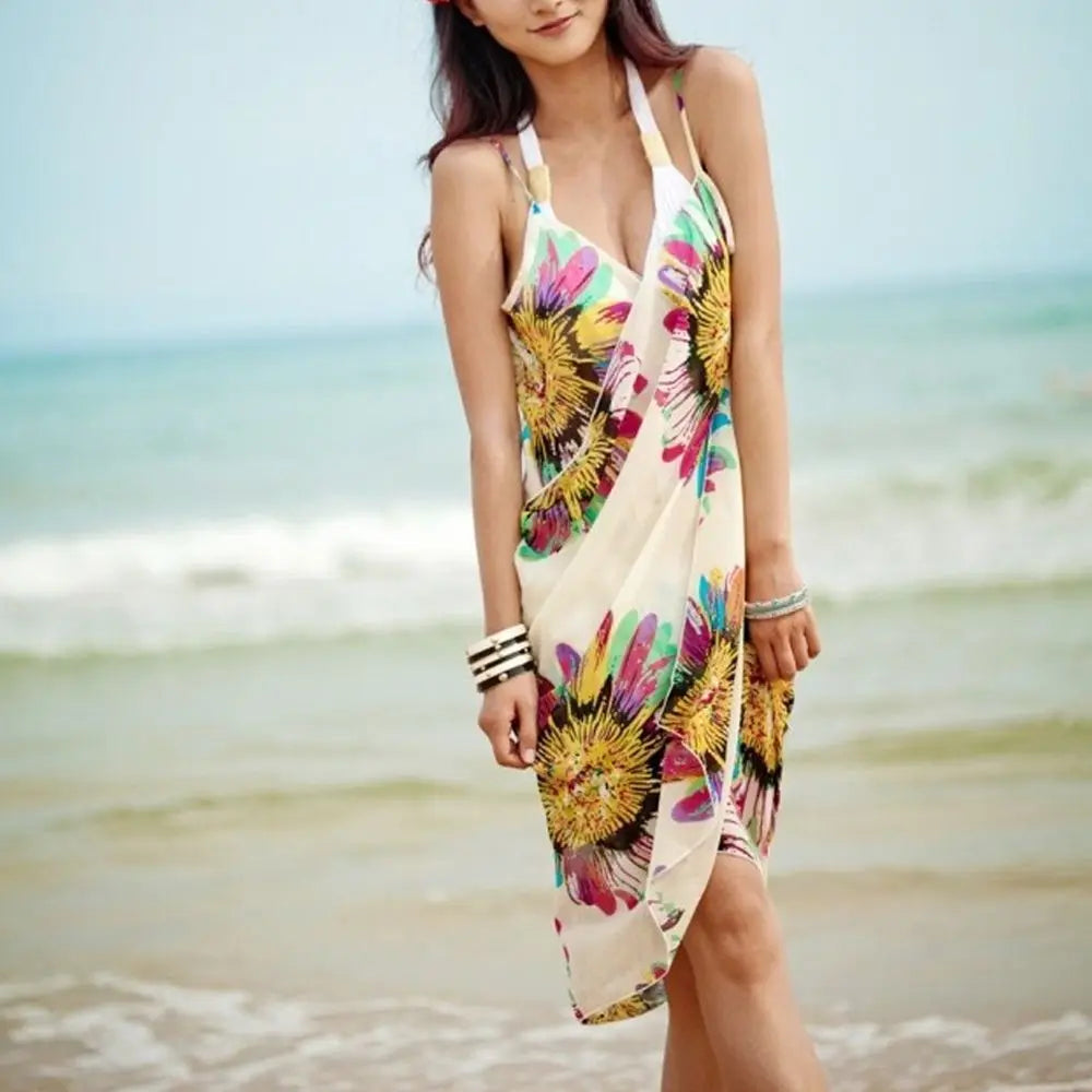 Summer Women Beach Bikini Cover Up Printed Pareo Chiffon Wrap Skirt Sarong Scarf Beachwear Bathing Suit Beach Dress Swimsuits