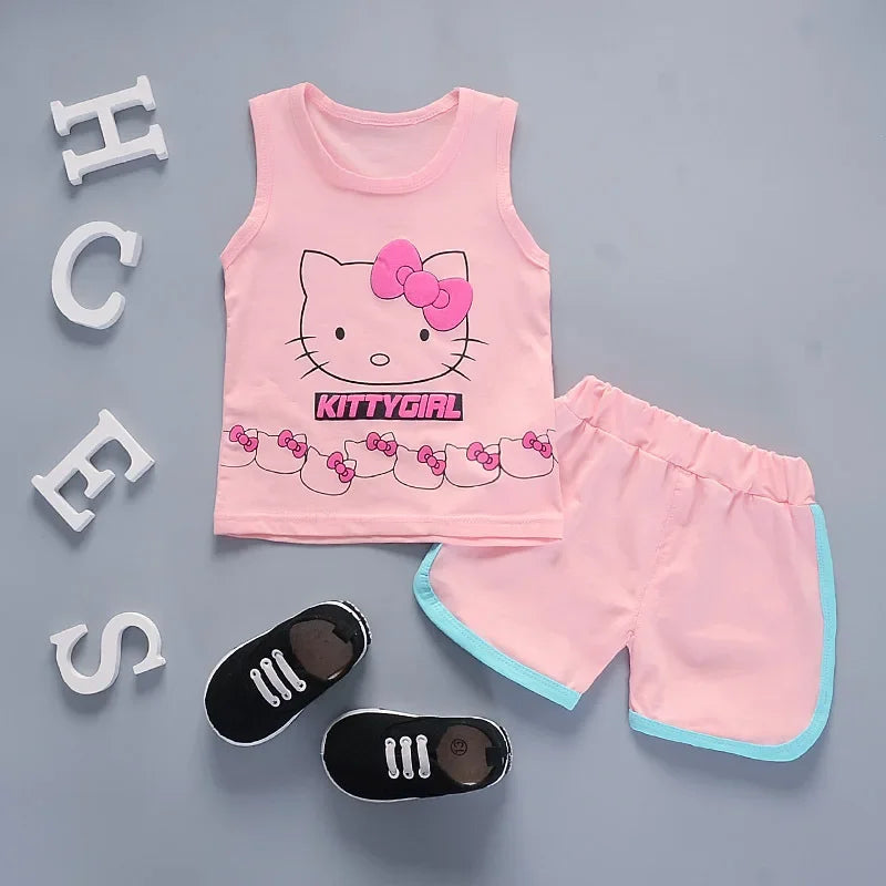 Baby Girls Summer Clothes Sets Infant Children Cartoon Hello Kitty Cotton Sleeveless T-Shirt Vest+Shorts Suits Toddler Clothing