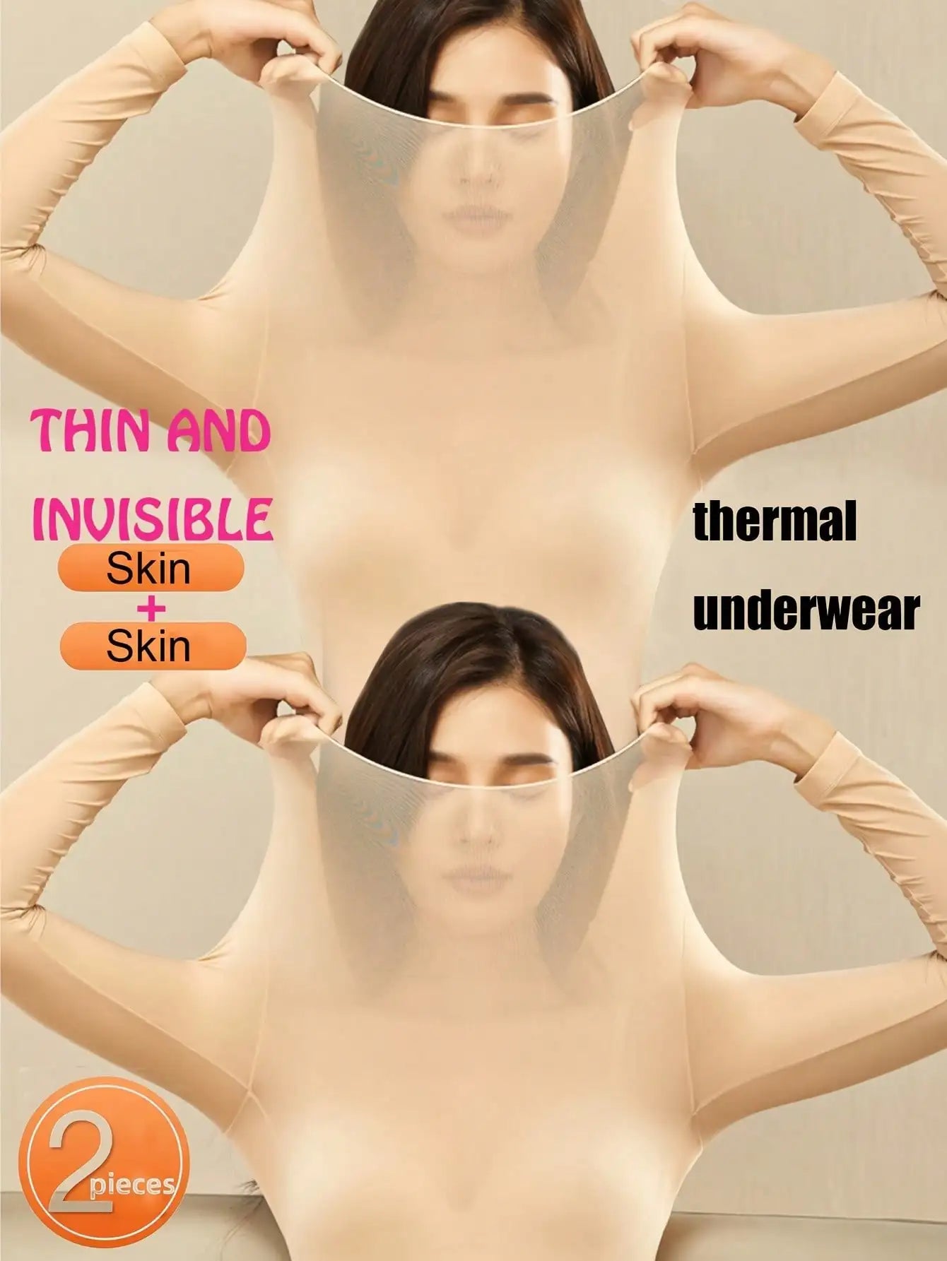 2 Pcs Women's Seamless Ultra-Thin Thermal Underwear - Soft & Comfy Long Sleeve Round Neck Top Perfect For Lingerie & Sleepwear