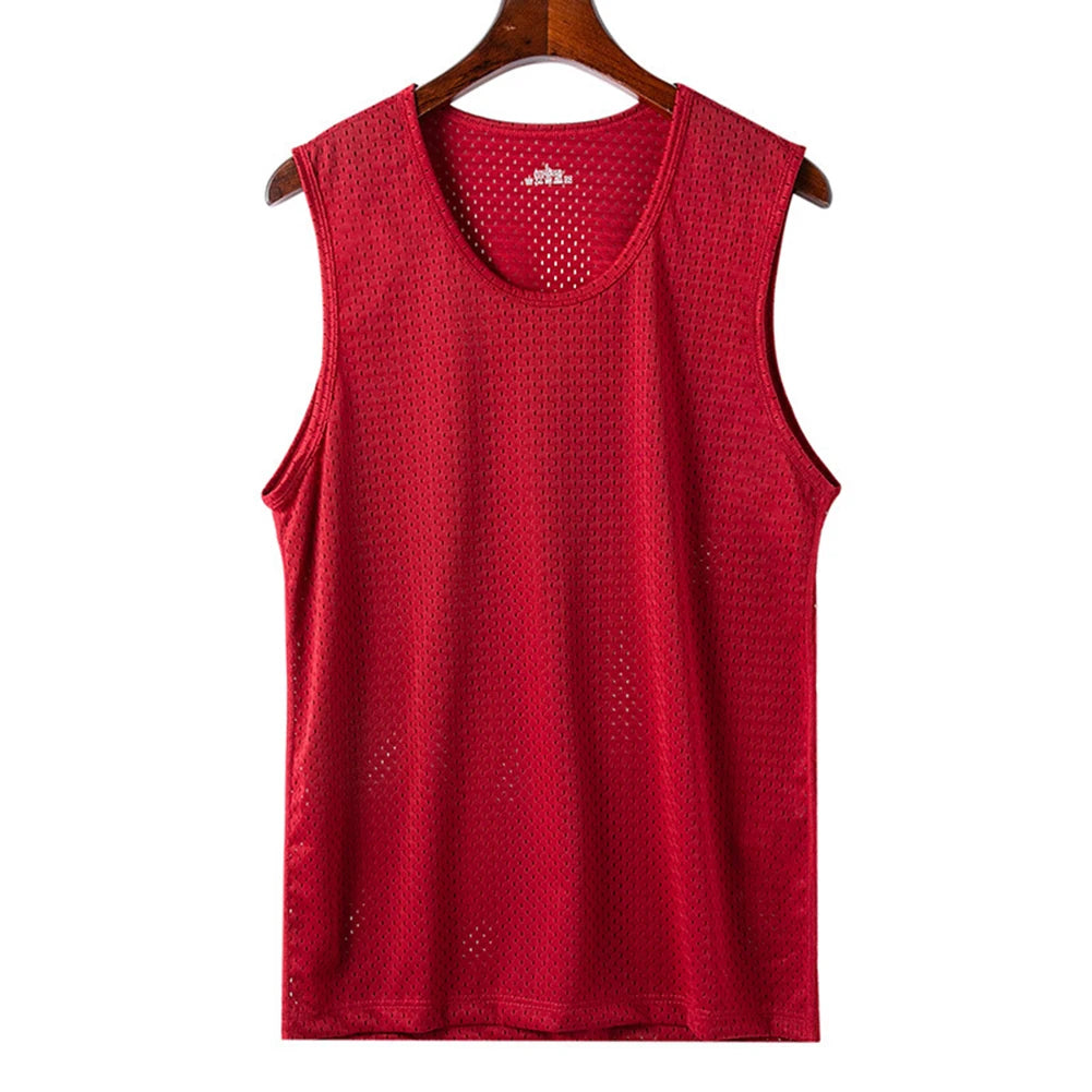 Men Ice Silk Mesh Summer Thin Sleeveless Shirt Round Neck Breathable Sports Fitness T-Shirt Bottom Korean Mena Tank T-shirts