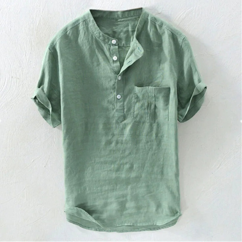 Spring and Summer Men's Cotton Linen Shirts Long Sleeve Casual Beach Henley T-Shirt Vacation Tops with Pocket Men Streetwear