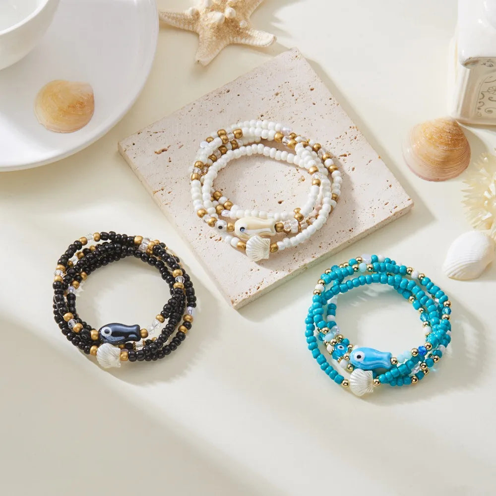 4pcs Set Bohemian Fashion Ceramic Fish Shells Rice Bead Bracelet for Women Summer Beach Vacation Cute Jewelry Accessories Gifts